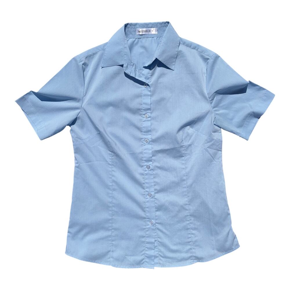 Womens Short Sleeved Blue Button Up Blouse Sz M Career Teacher Business Casual